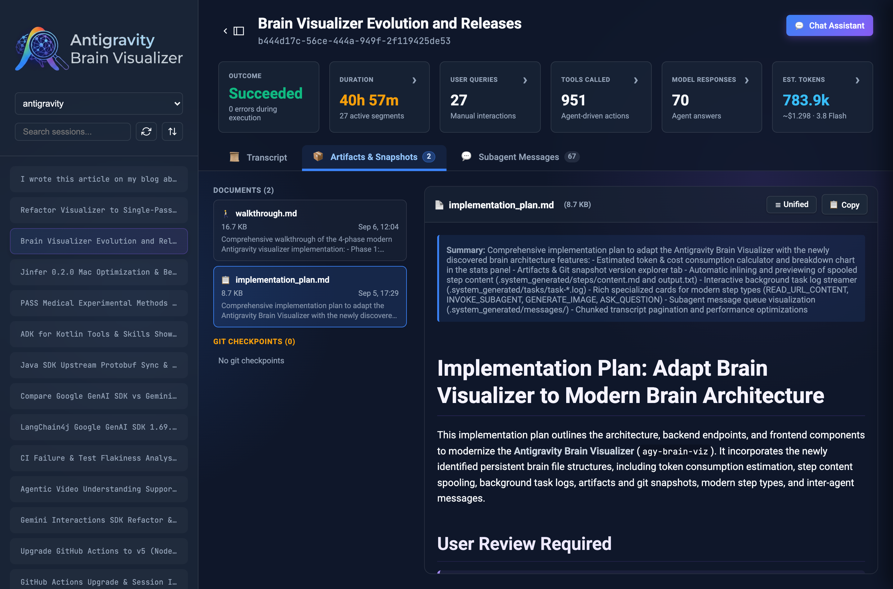 The Artifacts explorer displaying an implementation plan with metadata chips, rendered Markdown, and copy action