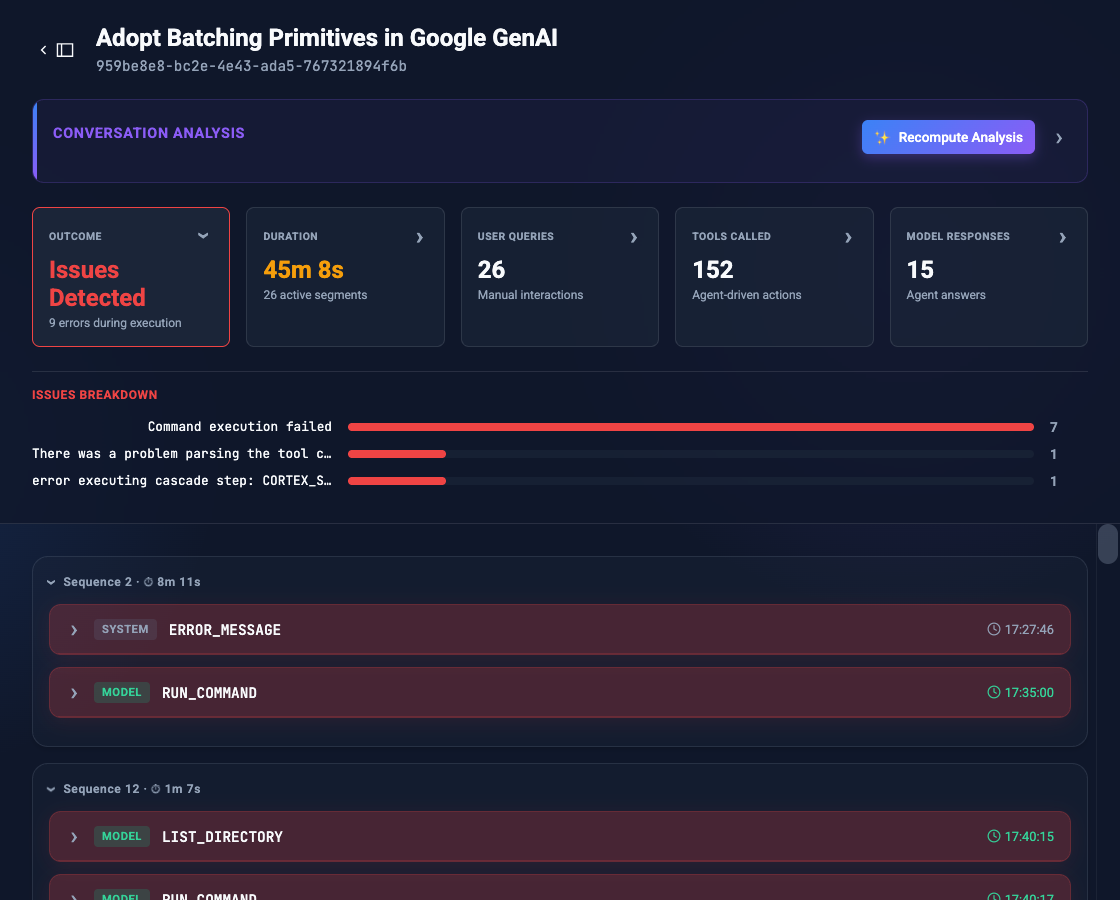 Filtering the transcript to isolate error steps and the issue breakdown chart.
