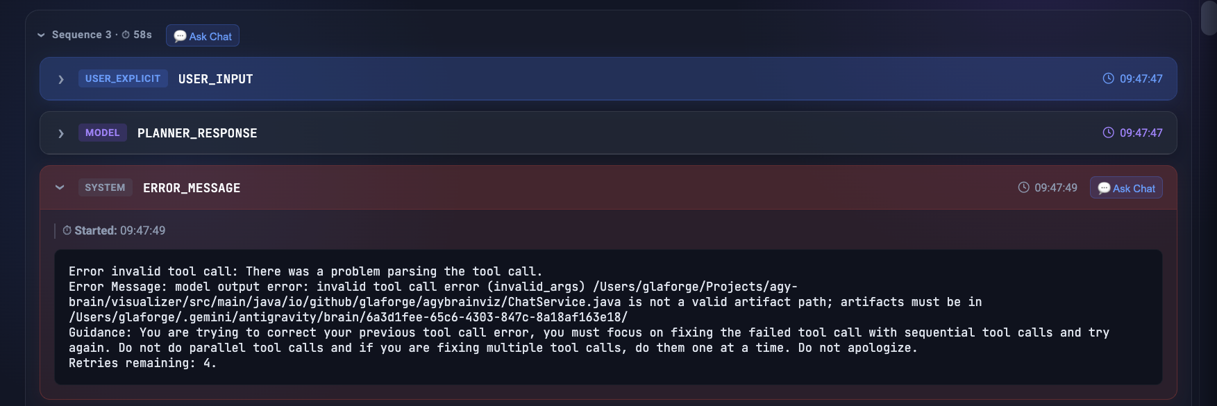 Error step card with an Ask Chat trigger button