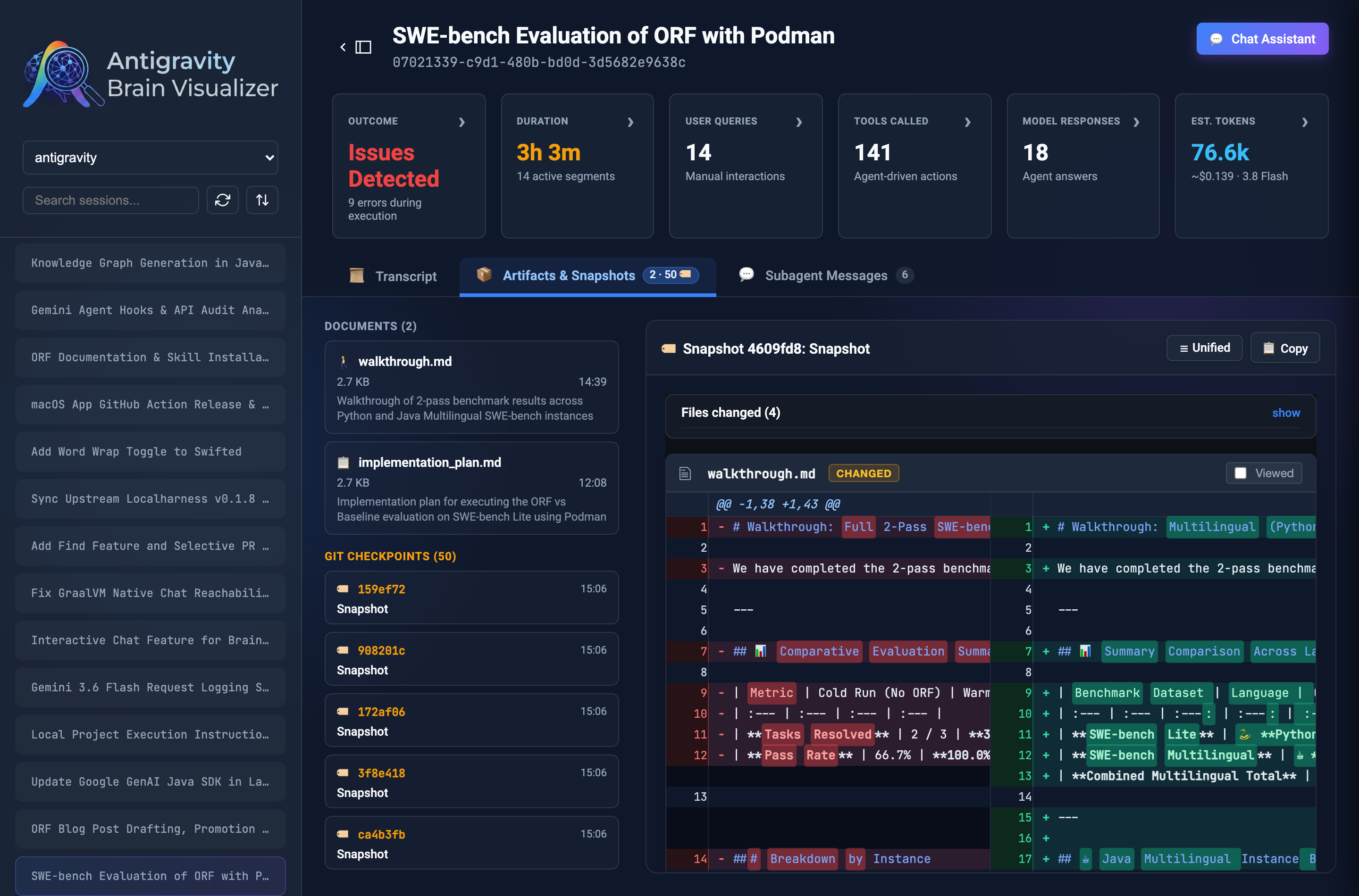 Inspecting a Git snapshot commit using the integrated diff2html side-by-side diff viewer