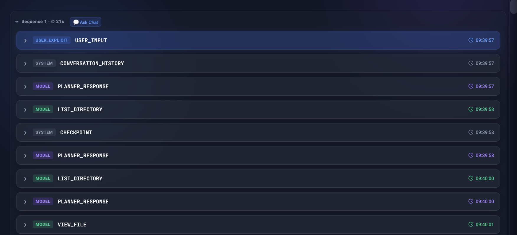 Sequence header featuring a dedicated Ask Chat button