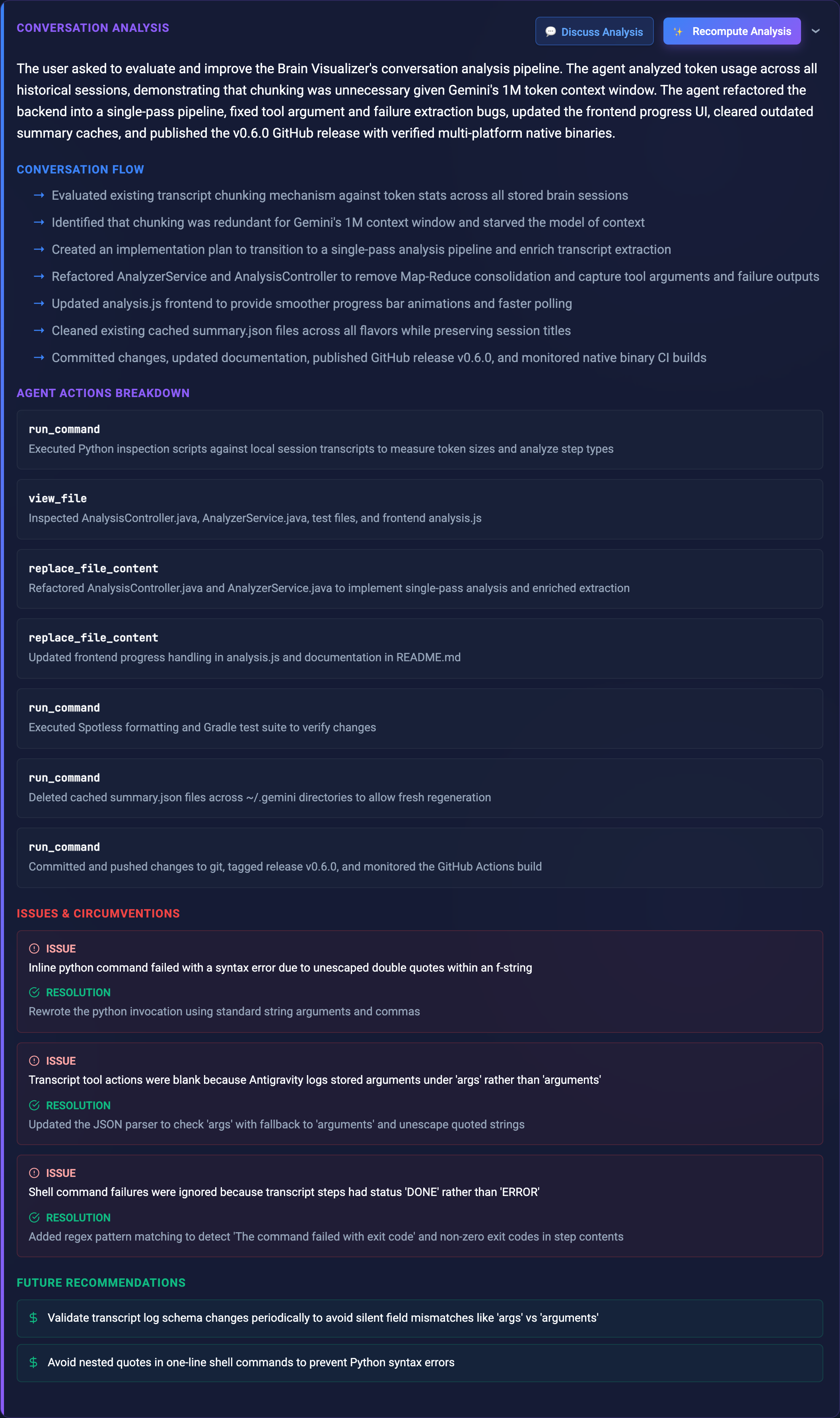 The single-pass conversation analysis card showing the summary, conversation flow, agent actions, issues with circumventions, and future recommendations