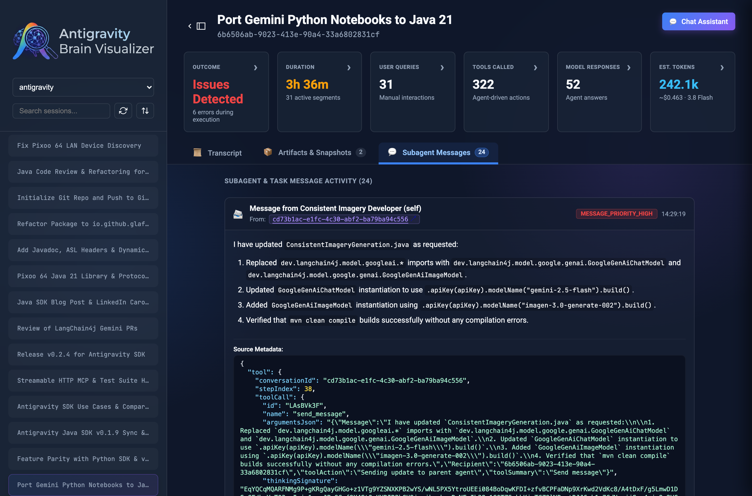 The Subagent Messages tab showing inter-agent delegation payloads with clickable sender navigation and formatted markdown alerts