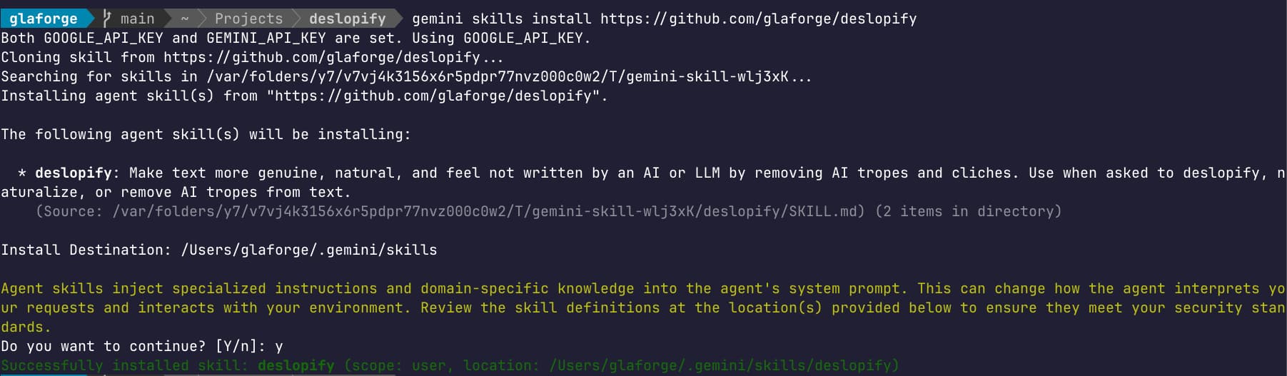 Installing the deslopify skill within Gemini CLI