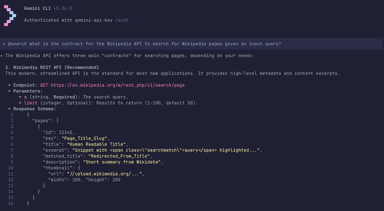 Using @search in Gemini CLI to find information about the Wikipedia API