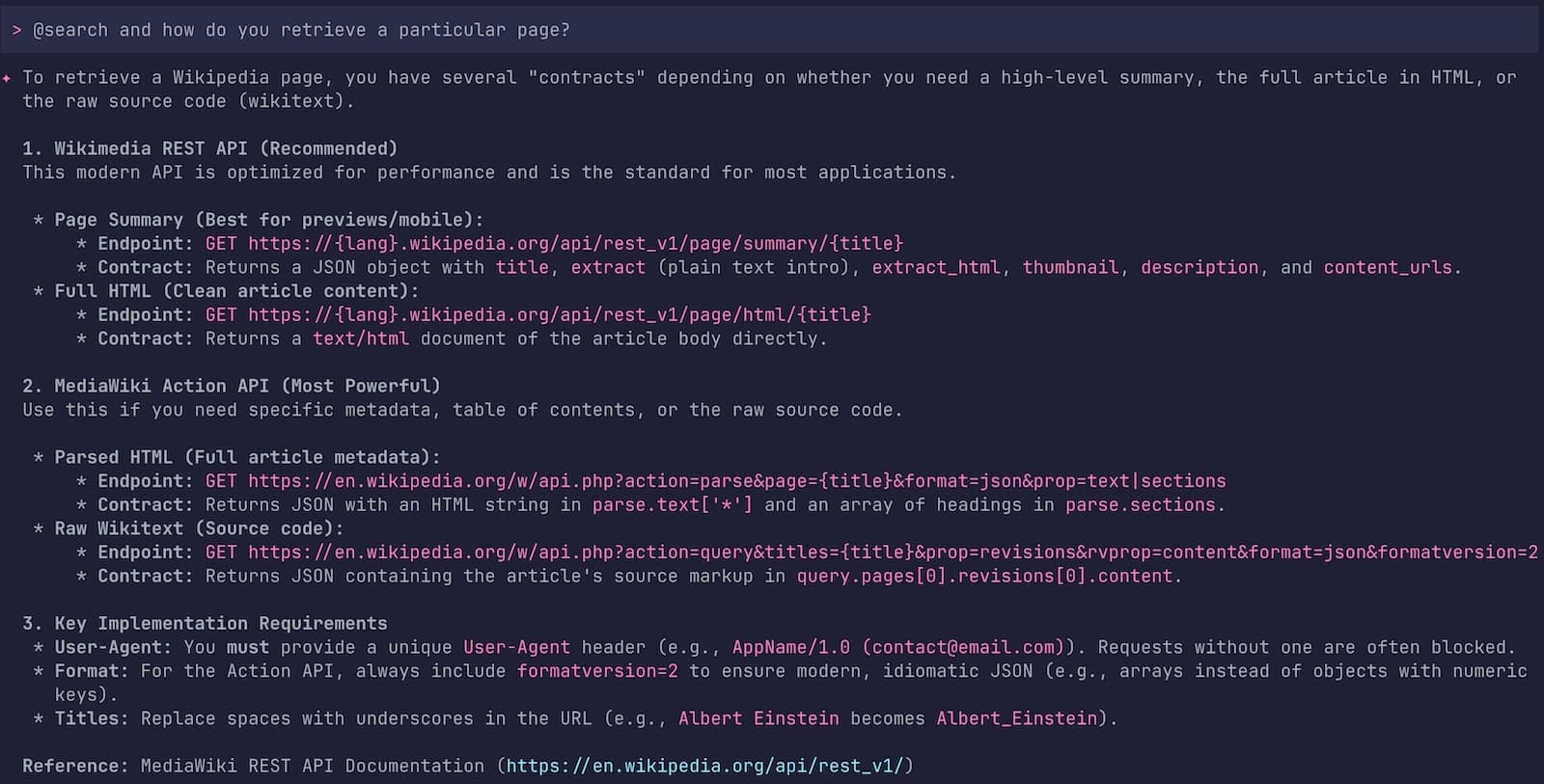Gemini CLI screenshot showing the search about the full Wikipedia page retrieval