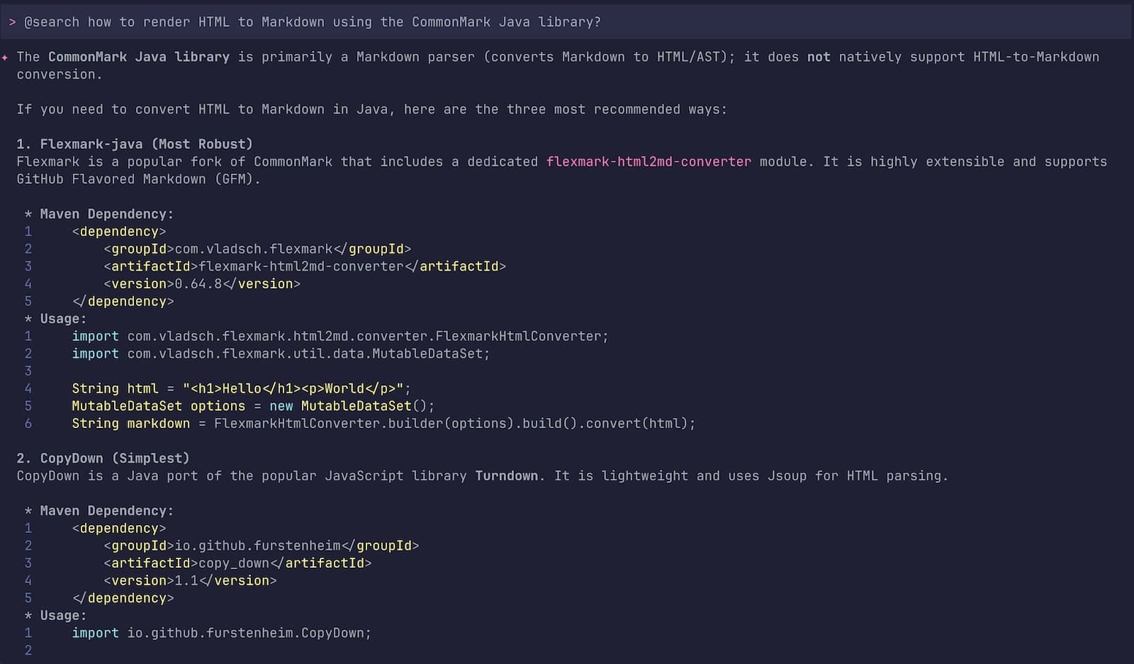 Gemini CLI interactive session on how to find an HTML to Markdown converter
