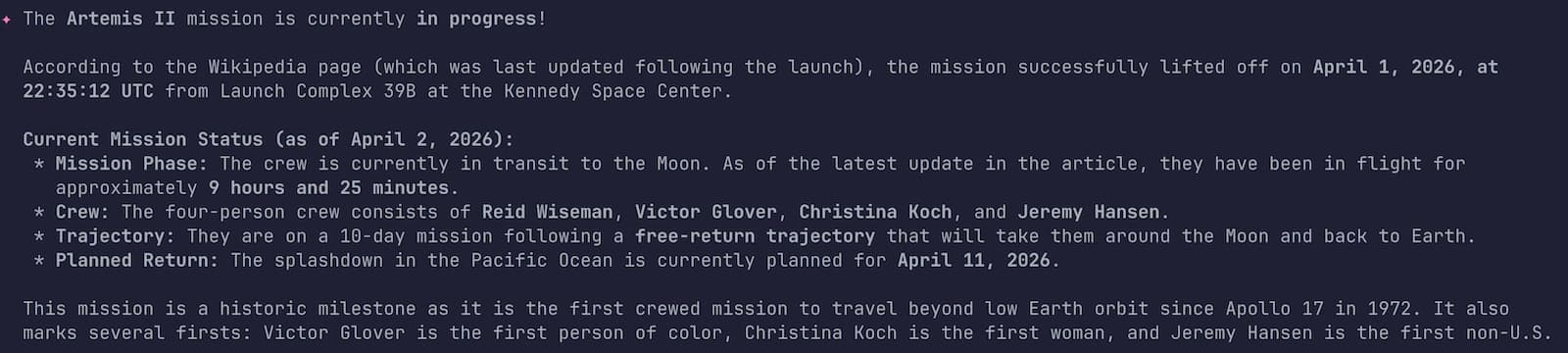 Response about the status of the Artemis 2 mission