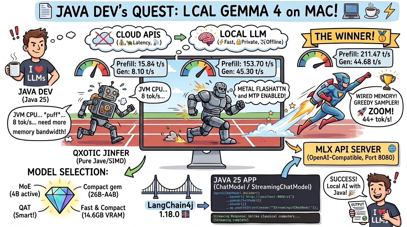 Running Gemma 4 locally on Mac: Benchmarking Qxotic Jinfer, llama.cpp, MLX, and connecting Java 25 with LangChain4j