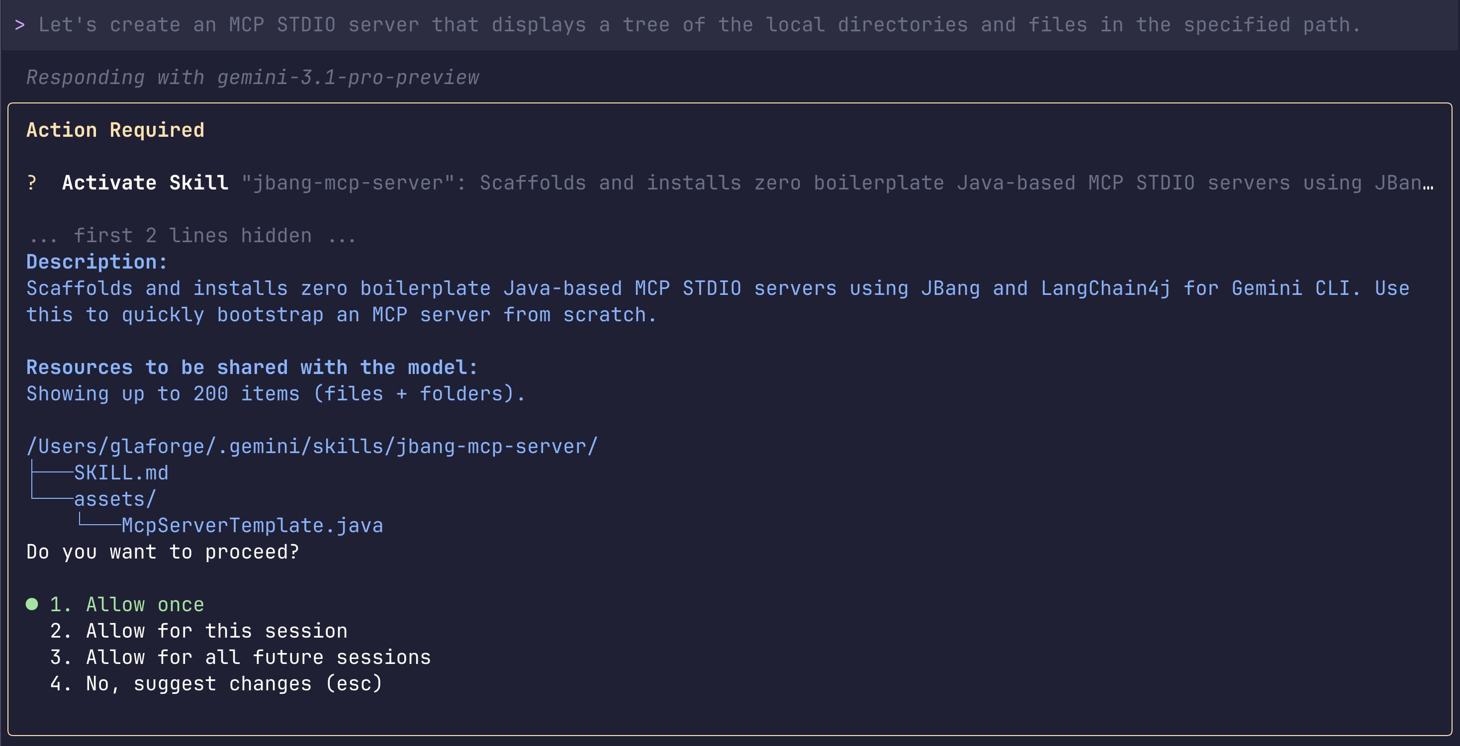 Gemini CLI asked for Permission to Create a Skill