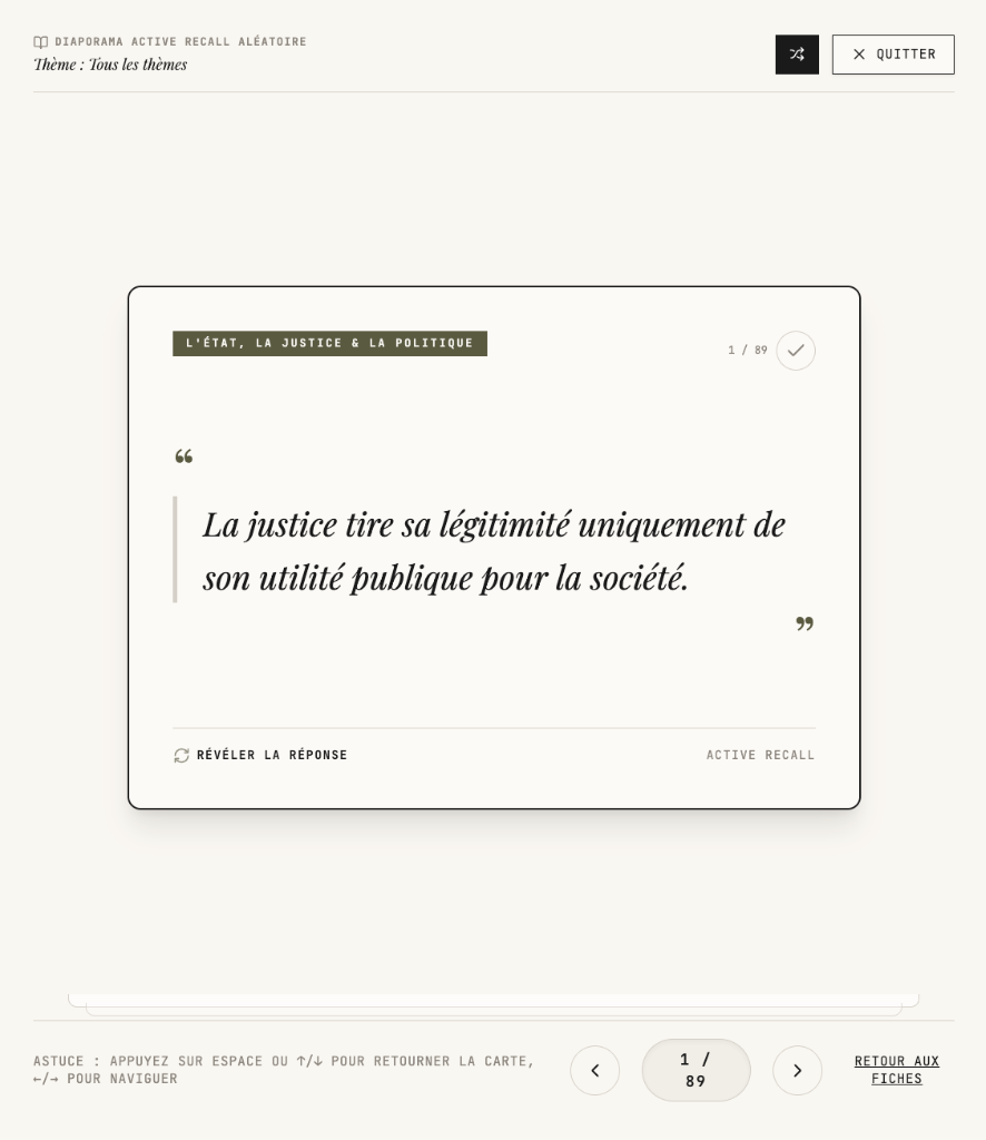 Flashcard slideshow: a quote is shown, and the user recalls the author and context before revealing the answer.