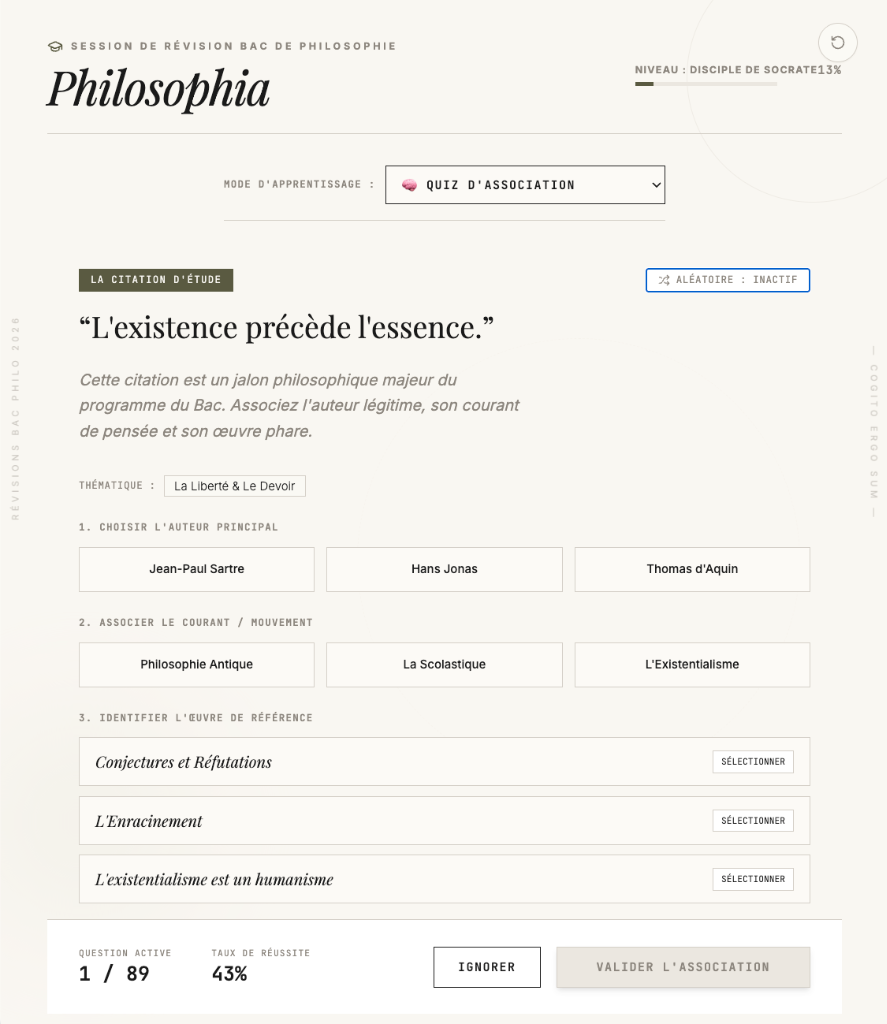 The Match Quiz mode: associating a Sartre quote with its author, movement, and reference work.